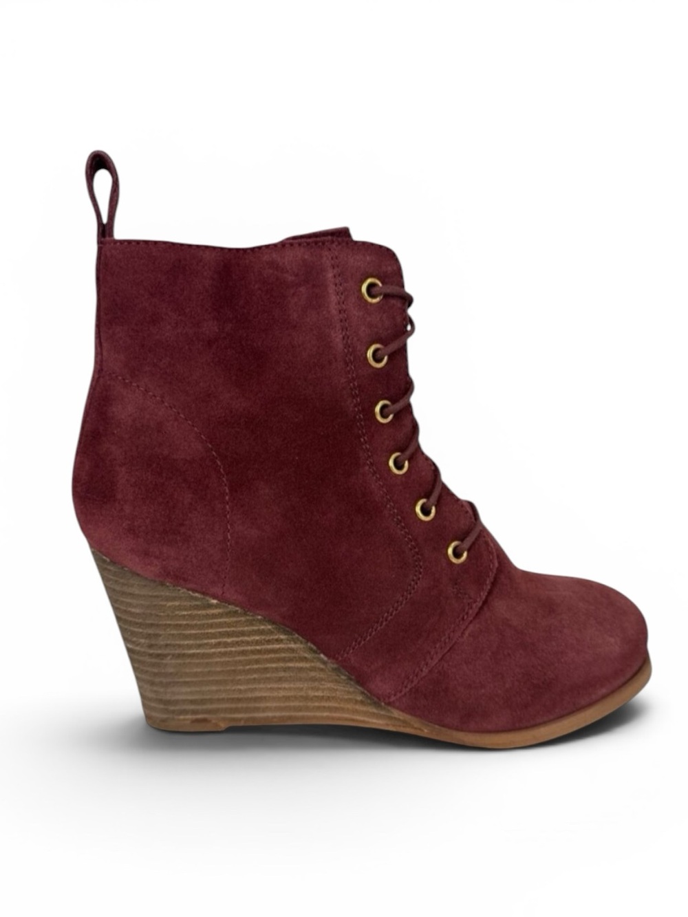 Diba‎ Blake Women's 7.5M Lace Up Wedge Bootie Boot Burgundy NWOB Small Flaw